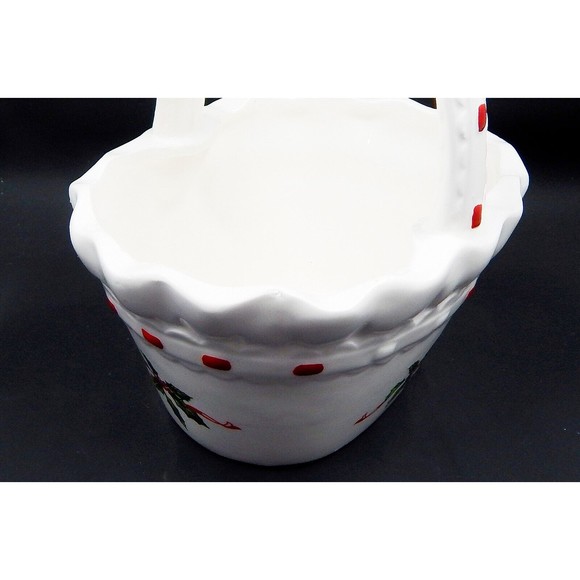 Lefton Christmas Holiday Holly Berry Handled Basket Hand-Painted White Red Bow - Picture 10 of 12